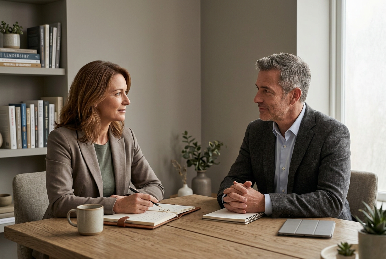 Two senior professionals in conversation